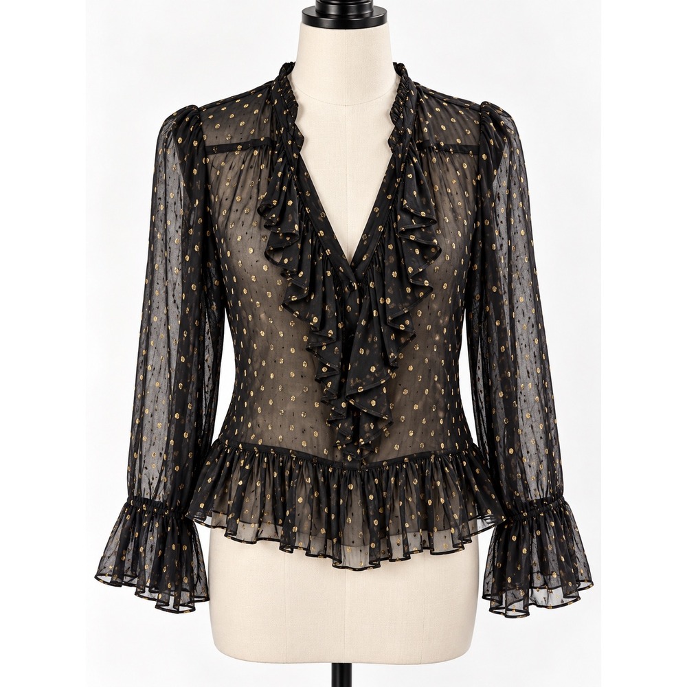 Plenty by Tracy Reese Blouse Womens S Black Gold Clip Dot Ruffle Whimsigoth NWT